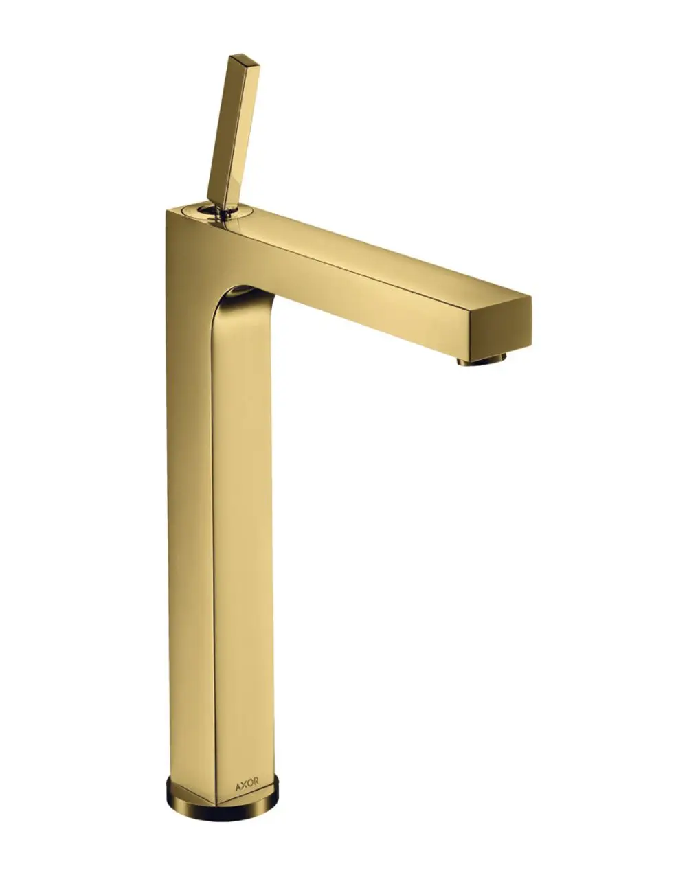 Ein Einhebel-Waschtischmischer von AXOR in Polished Gold Optik, mit schmalem, eckigem Design und einem seitlichen Griff für die Wassersteuerung.